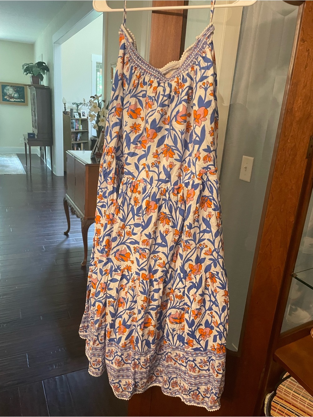 Bindu of India Women's Floral Maxi Dress in White, Blue & Orange